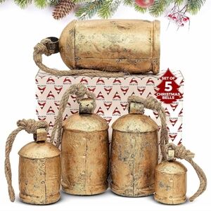 Akatva Large Brass Cow Bells for Rustic Christmas Decor - Set of 5 Vintage Gold